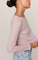 Z SUPPLY Arlet Mini Thermal Top in Soft Blush, side view on model showing waffle-knit texture, raglan sleeves, and cropped hem