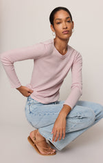 Z SUPPLY Arlet Mini Thermal Top in Soft Blush, ribbed long-sleeve crew neck worn by model with light wash jeans and sandals