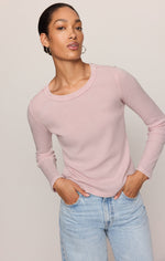 Z SUPPLY Arlet Mini Thermal Top in Soft Blush, worn by model with light wash jeans, front view showing waffle-knit texture and crew neck