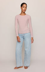 Z SUPPLY Arlet Mini Thermal Top in Soft Blush, long-sleeve fitted crew neck worn by model with wide-leg light wash jeans, front view