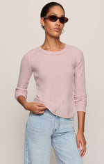 Z SUPPLY Arlet Mini Thermal Top in Soft Blush, front view on model with light-wash jeans and brown sunglasses