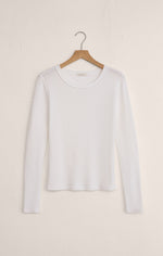 Z SUPPLY Arlet Mini Thermal Top in soft ecru, ribbed knit long-sleeve with crew neck, shown on wooden hanger, front view