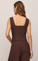 Z SUPPLY Magnolia Linen Top in Chocolate Cherry, back view on model, square neckline, sleeveless, paired with matching trousers.