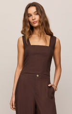 Z SUPPLY Magnolia Linen Top in Chocolate Cherry — square neckline, wide straps, fitted silhouette, worn with matching brown trousers, front view
