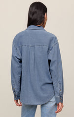 Z SUPPLY Perfect Twill Button Up in Classic Indigo, back view on model showing relaxed fit, box pleat, and buttoned cuffs