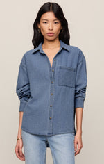 Z SUPPLY The Perfect Twill Button Up in Classic Indigo, front view on model, oversized fit with chest pocket and button placket