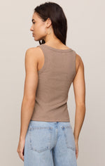 Z SUPPLY Rowe Scoop Tank in Heather Ash — back view on model, ribbed taupe tank with scoop neck, paired with light wash jeans