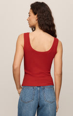 Z SUPPLY Larkin Embroidered Tank in Chili Pepper, back view on model, deep red with crochet trim neckline and straps, paired with blue jeans.
