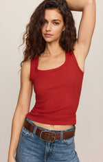 Z SUPPLY Larkin Embroidered Tank in Chili Pepper — deep red ribbed crop tank with scoop neck and crochet trim, worn by model with jeans