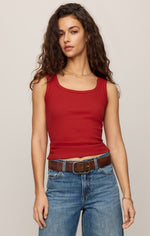 Z SUPPLY Larkin Embroidered Tank in Chili Pepper, deep red ribbed crop tank with embroidered neckline trim, front view on model with jeans