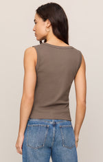 Z SUPPLY Ellie V Neck Tank in Pebble Coast, back view on model, taupe-gray fitted sleeveless top paired with blue jeans