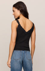 Z SUPPLY Eve Lace Tank in Black, back view on model, featuring scalloped lace trim straps and deep V-back, paired with blue jeans.