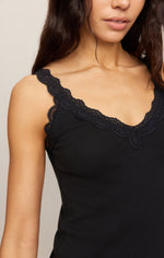 Z SUPPLY Eve Lace Tank in Black — close-up front view on model showing scalloped lace trim neckline and straps