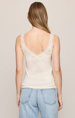 Z SUPPLY Eve Lace Tank in Sandstone, back view on model, cream lace V-neckline trim, worn with light wash jeans
