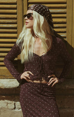Z SUPPLY Amara Polka Dot Mesh Top in Dark Chocolate worn by model with matching skirt and polka dot headscarf