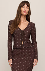 Z SUPPLY Amara Polka Dot Mesh Top in Dark Chocolate, front view on model, featuring tie-front detail, long sleeves, and lettuce hem