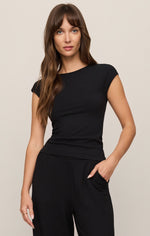 Z SUPPLY Soft Trace Second Skin Top in Black — fitted cap-sleeve boat-neck tee on model, front view, paired with black wide-leg pants