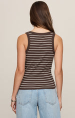 Z SUPPLY Rowe Striped Scoop Tank in Dark Chocolate, back view on model, brown and white horizontal stripes, paired with light wash jeans
