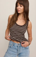 Z SUPPLY Rowe Striped Scoop Tank in Dark Chocolate — model wearing dark brown ribbed crop tank with cream stripes and scoop neckline, paired with light wash jeans.