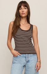 Z SUPPLY Rowe Striped Scoop Tank in Dark Chocolate with cream stripes, scoop neckline, worn by model with light wash jeans, front view.