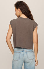 Z SUPPLY Flex Sleeveless Tee in Pebble Coast, back view on model with light-washed jeans, cropped fit, cap sleeves
