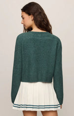 Z SUPPLY Stand In Sweater in Emerald Cove, back view on model showing cropped fit, ribbed hem, and soft knit texture