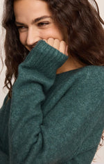 Z SUPPLY Stand In Sweater in Emerald Cove — model wearing teal-green turtleneck knit sweater, close-up detail of ribbed collar and soft fabric