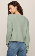 Z SUPPLY Medina Cardigan in Mint Julep, back view on model paired with blue jeans, soft knit construction