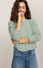 Z SUPPLY Medina Cardigan in Mint Julep, a soft sage-green button-front knit cardigan worn by a model with jeans, front view