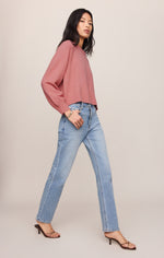 Z SUPPLY Coming Up Sweater in Desert Bloom — cropped dusty rose knit pullover with balloon sleeves, worn by model with straight-leg jeans, side view.