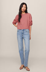Z SUPPLY Coming Up Sweater in Desert Bloom — dusty rose crew-neck knit pullover with raglan sleeves, worn by model with straight-leg jeans, front view.