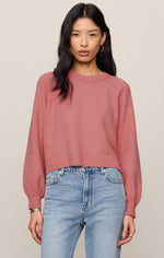 Z SUPPLY Coming Up Sweater in Desert Bloom — cropped crewneck knit sweater in dusty rose, raglan sleeves, ribbed hem, worn with jeans