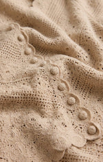Z SUPPLY Cressa Cardigan close-up detail showing beige crochet knit fabric with floral bobble embroidery and open-weave pattern