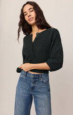 Z SUPPLY Valor Cardigan in Emerald Cove dark green, cropped fit with 3/4 sleeves and button front, worn by model with blue jeans