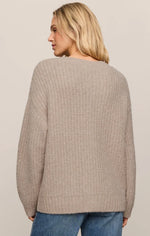 Z SUPPLY Whitmore Cardigan in light khaki, back view on blonde model, chunky ribbed knit with balloon sleeves