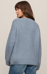 Z SUPPLY Whitmore Cardigan in Mineral Blue, back view on model, chunky ribbed knit, oversized fit, long sleeves