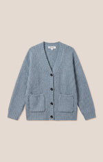 Z Supply Whitmore Cardigan in Mineral Blue, flat lay front view showing ribbed knit, V-neck, dark buttons, and two patch pockets