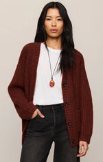 Z SUPPLY Whitmore Cardigan in Velvet Rouge, a deep burgundy chunky knit button-front cardigan worn over a white tee with dark jeans