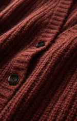 Z SUPPLY Whitmore Cardigan close-up detail showing ribbed knit texture and dark buttons in Velvet Rouge deep rust red