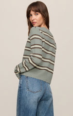 Z SUPPLY Medina Stripe Cardigan in Aqua Cloud, back view on model, sage green with brown and cream horizontal stripes, paired with wide-leg jeans.