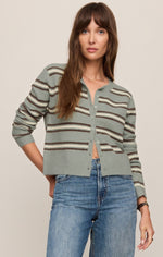 Z SUPPLY Medina Stripe Cardigan in Aqua Cloud, sage green with brown and cream stripes, button-front, worn by model with jeans