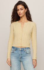 Z SUPPLY Cera Long Sleeve Cardigan in Lemon Chiffon, cable-knit cropped cardigan with button front, worn by model with jeans