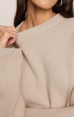 Z Supply Chill Mode Sweater in Frosted Pearl — close-up detail of ribbed neckline and shoulder seam on model