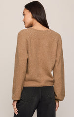 Z SUPPLY Westmont Henley Sweater in Golden Caramel, back view on model, featuring raglan sleeves and ribbed hem