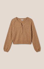 Z Supply Westmont Henley Sweater in Golden Caramel, front flat lay showing henley neckline, raglan sleeves, and ribbed hem