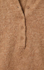 Z SUPPLY Westmont Henley Sweater close-up detail showing V-neckline, ribbed placket, and tone-on-tone buttons in Golden Caramel