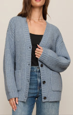Z SUPPLY Whitmore Cardigan in Mineral Blue — oversized ribbed knit with V-neck, dark buttons, front pockets, worn open over black top