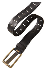 Free People WTF Jona Belt in black leather with rectangular cutout holes and antique brass buckle, coiled product shot