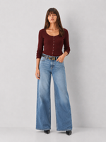 Z SUPPLY Albany Waffle Button Up Top in Velvet Rouge, long sleeve scoop neck with snap buttons, worn by model with wide-leg jeans, front view