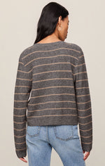 Z SUPPLY Medina Stripe Cardigan in Charcoal Heather, back view on model paired with light wash jeans